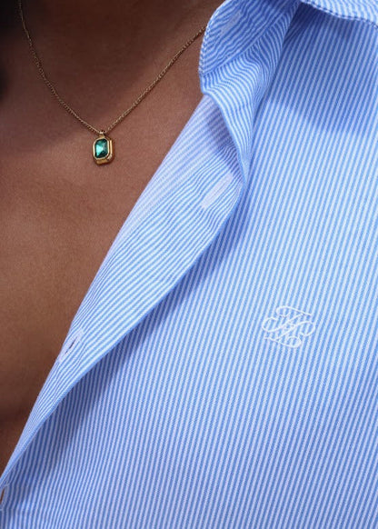 Blue stripe shirt monogram embroidery detail