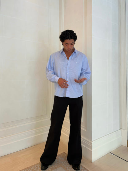 Blue stripe shirt cuff and sleeve detail