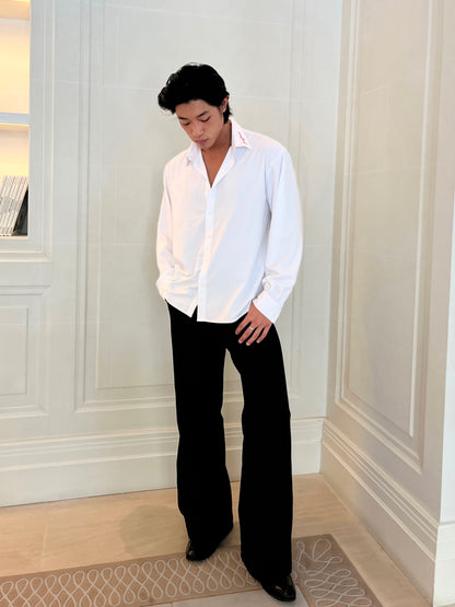 White poet shirt showing cropped hem