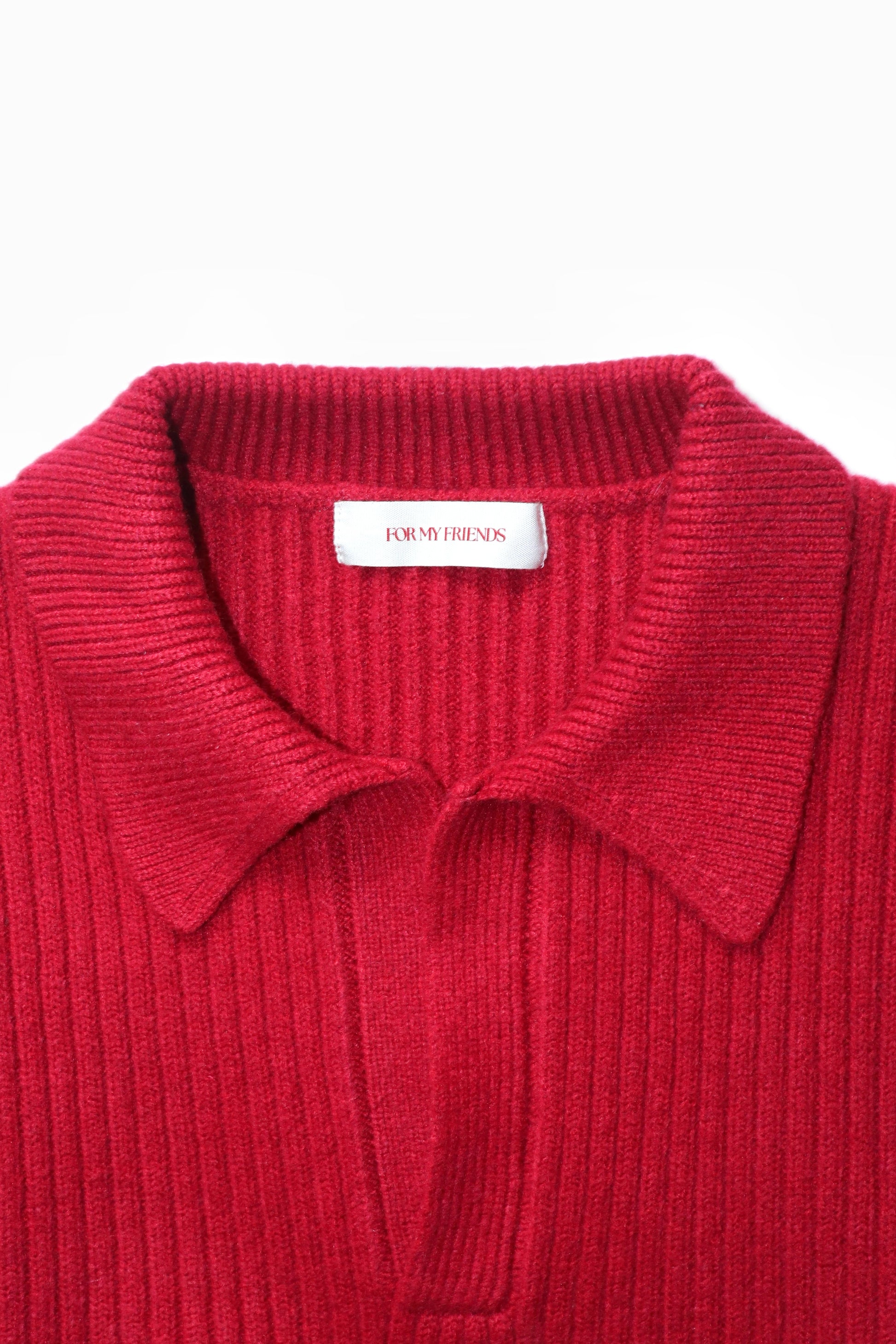 Close-up of a red sweater with a collar and 'Forever Friends' label on a white background