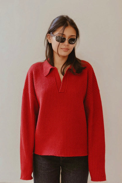 Red cropped wool-blend polo, side view