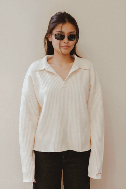 Champagne cropped wool-blend polo, side view