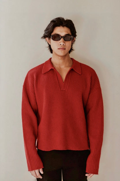 Heavy Cropped Polo in red, worn front view
