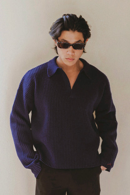 Navy cropped wool-blend polo, side view