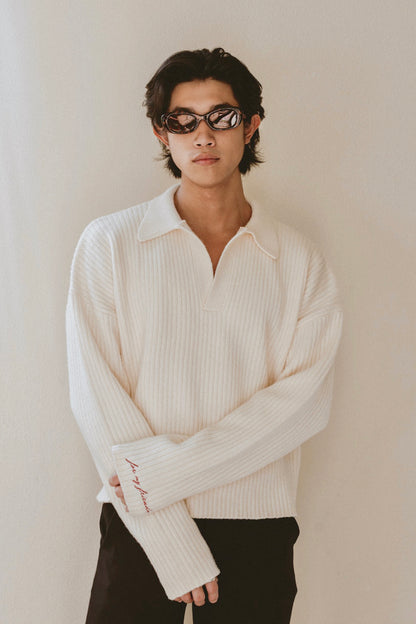 Heavy Cropped Polo in champagne, worn with a spread collar