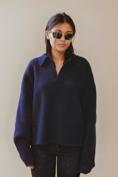 Heavy Cropped Polo in navy, worn front view